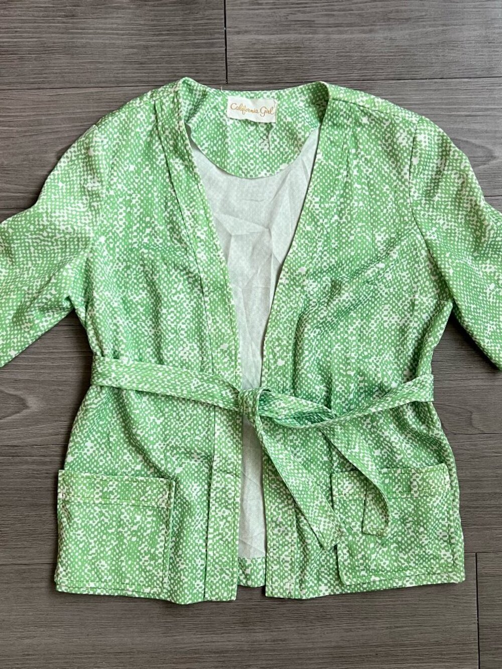 Vintage 70s California Girl Green & White Kimono Blazer With Waist Tie Size S/M